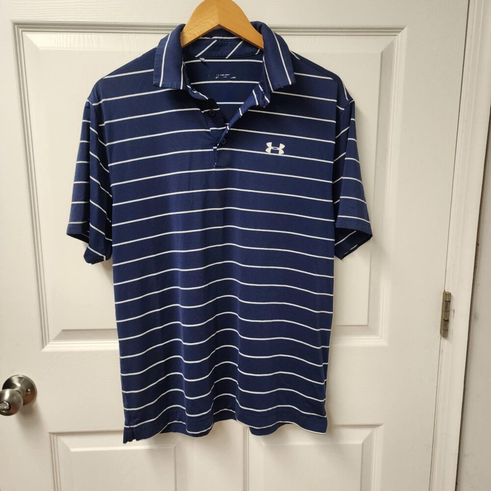 Under Armour Mens Playoff Golf Polo Short Sleeve Navy Blue White Stripe Large